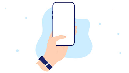Mobile phone in male hand - Vector mockup illustration of human hand holding smartphone with blank screen on white background