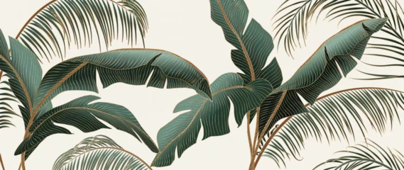 Fototapeten Abstrakter luxuriöser heller Kunsthintergrund mit grünen und goldenen Palmblättern. Botanisches Banner mit tropischen Pflanzen für Dekor, Druck, Textil, Innenarchitektur, Tapete, Verpackung. © VectorART