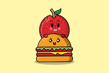 Cute Lychee cartoon character hiding in burger illustration in flat modern design