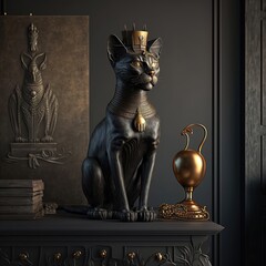 Ancient Egyptian black cat with golden ornaments. Statuette in black interior, podium. Ancient Egyptian goddess Bastet. AI