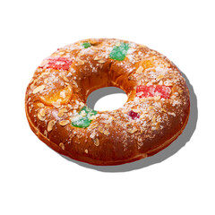 Roscon isolated on white background. Traditional Spanish Christmas pastry prepared with dry fruits and cream