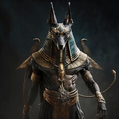 The ancient Egyptian god of death and the world of the dead, the terrible Anubis. Fantasy character of Egypt. AI - obrazy, fototapety, plakaty