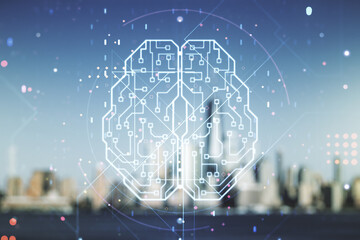 Obraz premium Virtual creative artificial Intelligence hologram with human brain sketch on blurry skyscrapers background. Double exposure