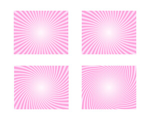 Set of pink circus backgrounds. Rosy sunsets, radial twisted stipes, pinwheel pattern. Strawberry bubble gum, sweet lollipop candy, ice cream texture. Clipping mask. Vector cartoon illustration