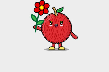Cute cartoon Lychee character holding red flower in concept 3d cartoon style