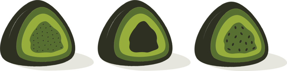 Set of japanece mochi. Green mochi - matcha, mint, kiwi. Flat vector. Asian food.