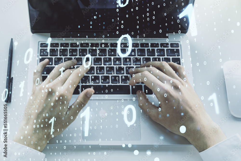 Aufkleber double exposure of creative abstract binary code hologram and hands typing on laptop on background. 