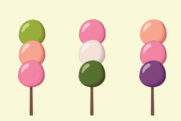 Set of japanese dango on a stick. Flat vector illustration. Asian food.