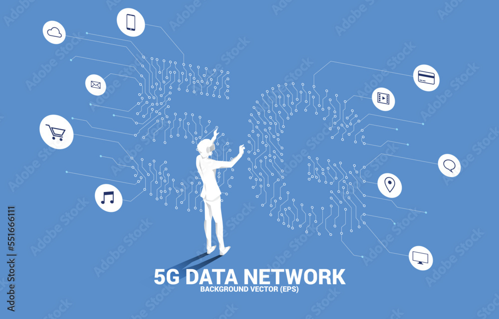Aufkleber silhouette man wear vr glasses with circuit board style shaped 5g mobile networking. concept of digi