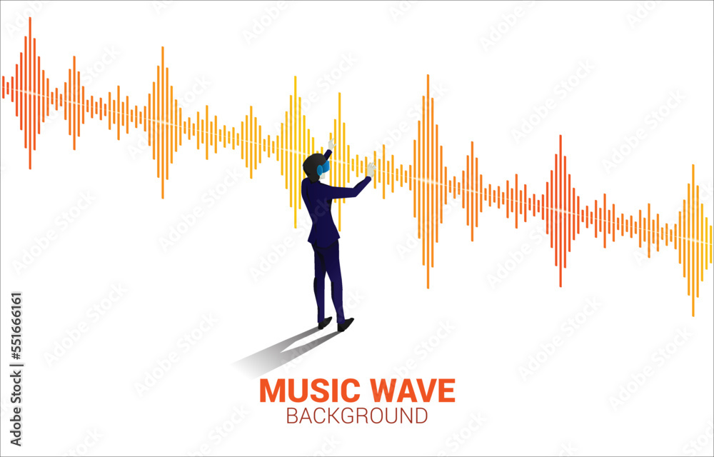Poster silhouette man wear vr glasses with pixel 5g mobile networking. concept of digital virtual reality t