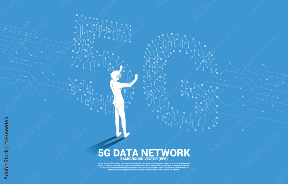 Aufkleber silhouette man wear vr glasses with circuit board style shaped 5g mobile networking. concept of digi