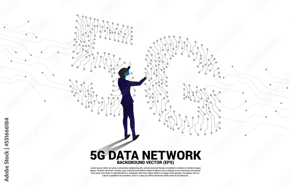 Poster silhouette man wear vr glasses with circuit board style shaped 5g mobile networking. concept of digi
