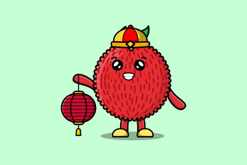 Cute cartoon Lychee chinese character holding lantern in vector icon illustration