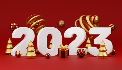 Happy New Year 2023 golden design with gift box and ball. Holliday decorative elements on red background. 3D render illustration