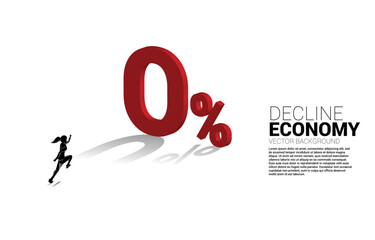 silhouette of businesswoman running to 3D 0% interest. Concept of decline economic and crisis bank policy.