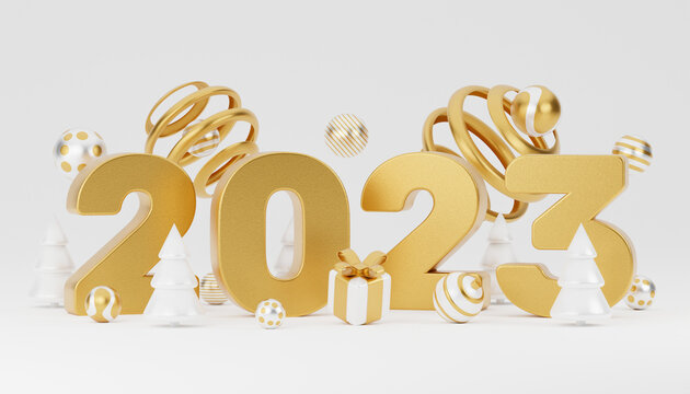 Happy New Year 2023 golden design with gift box and ball. Holliday decorative elements on white background. 3D render illustration