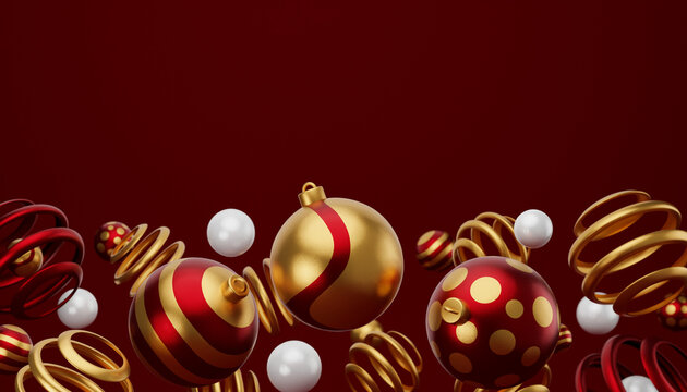 Christmas isolated red golden bauble ball 3d render illustration. Happy new year 3d render image of christmas holiday.