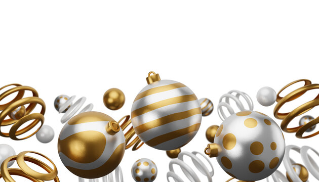 Christmas isolated white golden bauble ball 3d render illustration. Happy new year 3d render image of christmas holiday.