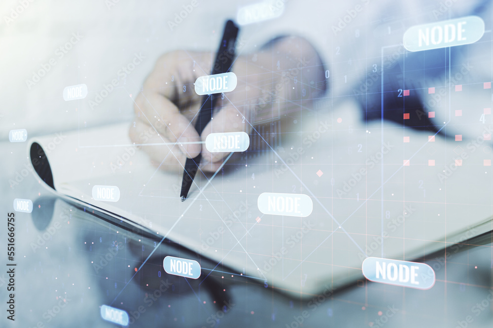 Poster double exposure of abstract programming language with man hand writing in notebook on background, re
