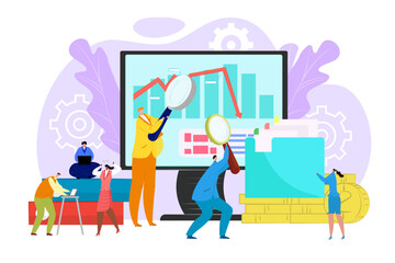 Financial audit concept with auditors people analyse graph and chart data, financial report, accounting vector illustration. Auditing.