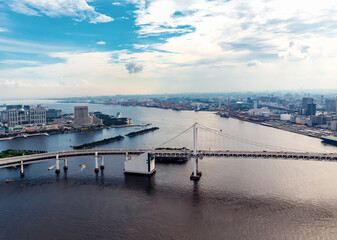 Aerial view of the Rainbow Bridge in Odaiba, Tokyo, Japan