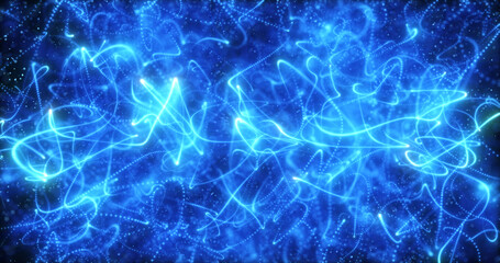 Futuristic abstract purple glowing waves from dots of particles shining magical neon energy lines from above and below on a black background. Abstract background