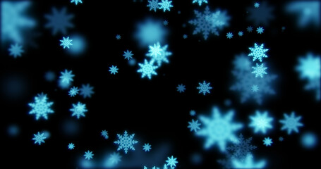 Beautiful festive bokeh effect, blue christmas new year snowflakes shining falling glowing with blur effect on black background. Abstract background. Screensaver