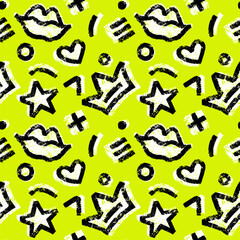 Obraz premium Vector seamless hand-drawn pattern with hearts, circles, stars, stripes, crowns and lips. Grunge shapes colorful backdrop. Bold bright background.