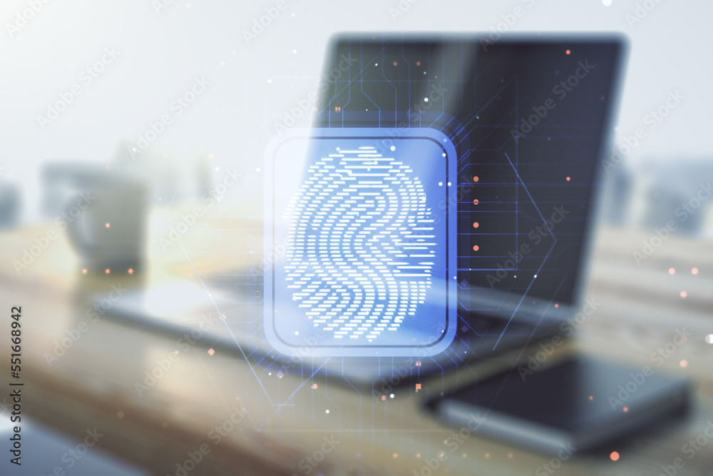 Poster multi exposure of creative fingerprint hologram and modern desktop with laptop on background, person