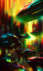 futuristic city and space base on alien planetary system, science fiction scenery, generative ai illustration with painterly effect