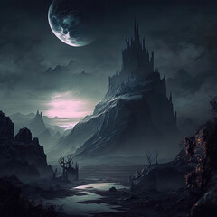 Fantasy night landscape with a castle in the mountains. AI