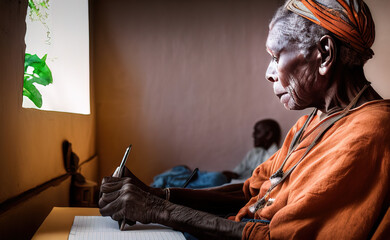 A perfect picture of a portrait of an old african descent person writing a poem - AI Generated