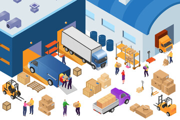 Isometric warehouse storage and industrial equipment, 3d logistic hub vector illustration. Forklift carrying pallets with boxes, storehouse shelves. - obrazy, fototapety, plakaty