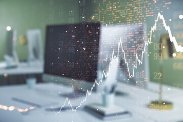 Double exposure of abstract creative financial chart with world map on laptop background, research...