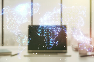 Multi exposure of abstract graphic world map on computer background, connection and communication concept