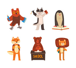 Animals Character with Backpack and Book Engaged in School Education Vector Set