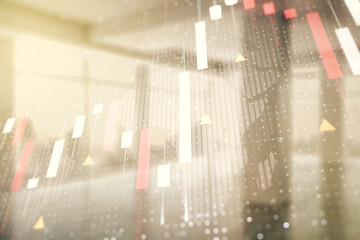 Multi exposure of virtual creative financial graph and world map on empty corporate office background, forex and investment concept