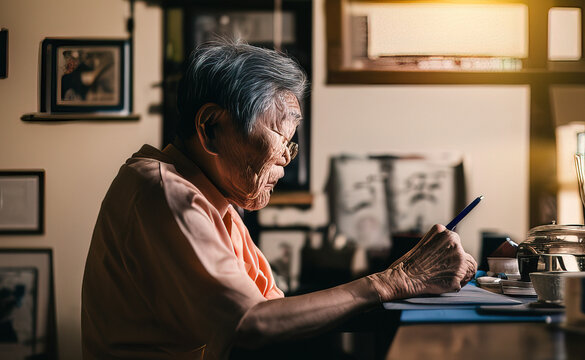 A perfect picture of a portrait of an old asian descent person writing a poem - AI Generated