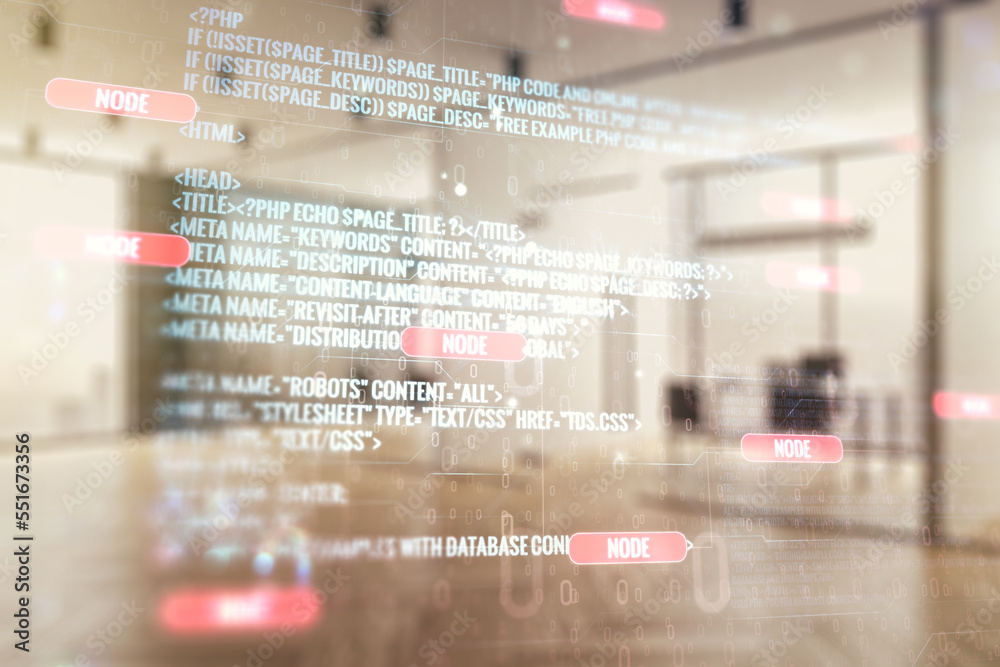 Fototapete Multi exposure of abstract graphic coding sketch on a modern furnished classroom background, big data and networking concept