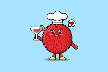 Cute cartoon Lychee chef character holding wine glass flat cartoon style illustration
