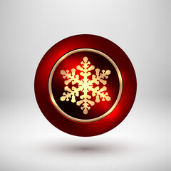 Red Merry Christmas, XMAS abstract premium bubble badge, luxury button with metal snowflake, gold ring, realistic shadow and light background for design concepts, web, print. Vector illustration.
