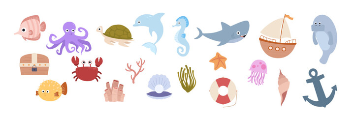 Obraz premium Sea animal world with fish, boat, octopus, turtle, dolphin, sea horse, shark, beluga, treasure box, crab, coral, seaweed, starfish, jellyfish, reef, shell, lifebuoy
