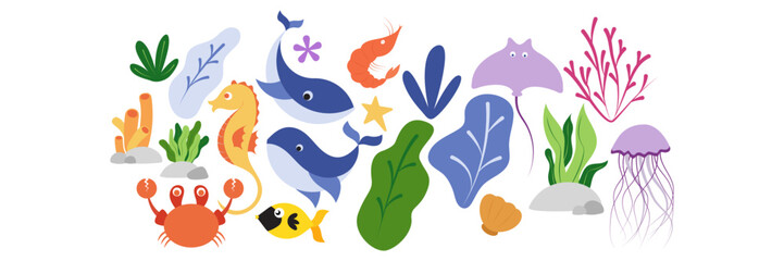 sea world kid vector illustration with crab, stingray, shrimp, whale, shark, reef, coral, octopus, seahorse, fish, starfish, shell, sea, illustration, vector, ocean