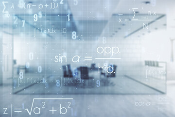 Scientific formula hologram on a modern furnished office interior background, research concept. Multiexposure