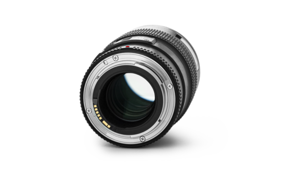 Back side of the lens with mounting details to the DSLR camera on a transparent background.