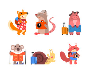 Cute Animals Tourist or Travellers with Suitcase, Camera and Backpack Hiking Vector Set