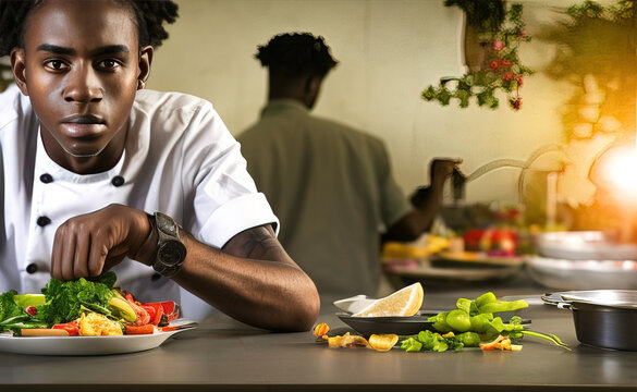 ,A perfect picture of a portrait of an young african descent person working as a chef  - AI Generated