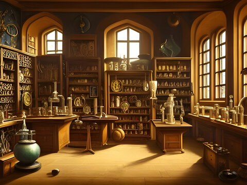 An ancient alchemists workshop with mysterious old objects and experiments with atmospheric sunlight shining though dusty windows. generative ai art
