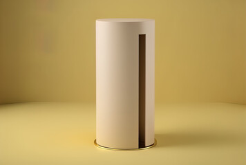 Modern pedestal product stand with cylinder design on a beige backdrop.. Generative AI