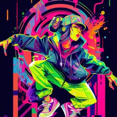 Stylish man dancing hip-hop in bright clothes. Image of a fashionable dancer in graffiti style. Youth culture, style and fashion, hip-hop. Generative AI. - 551677905